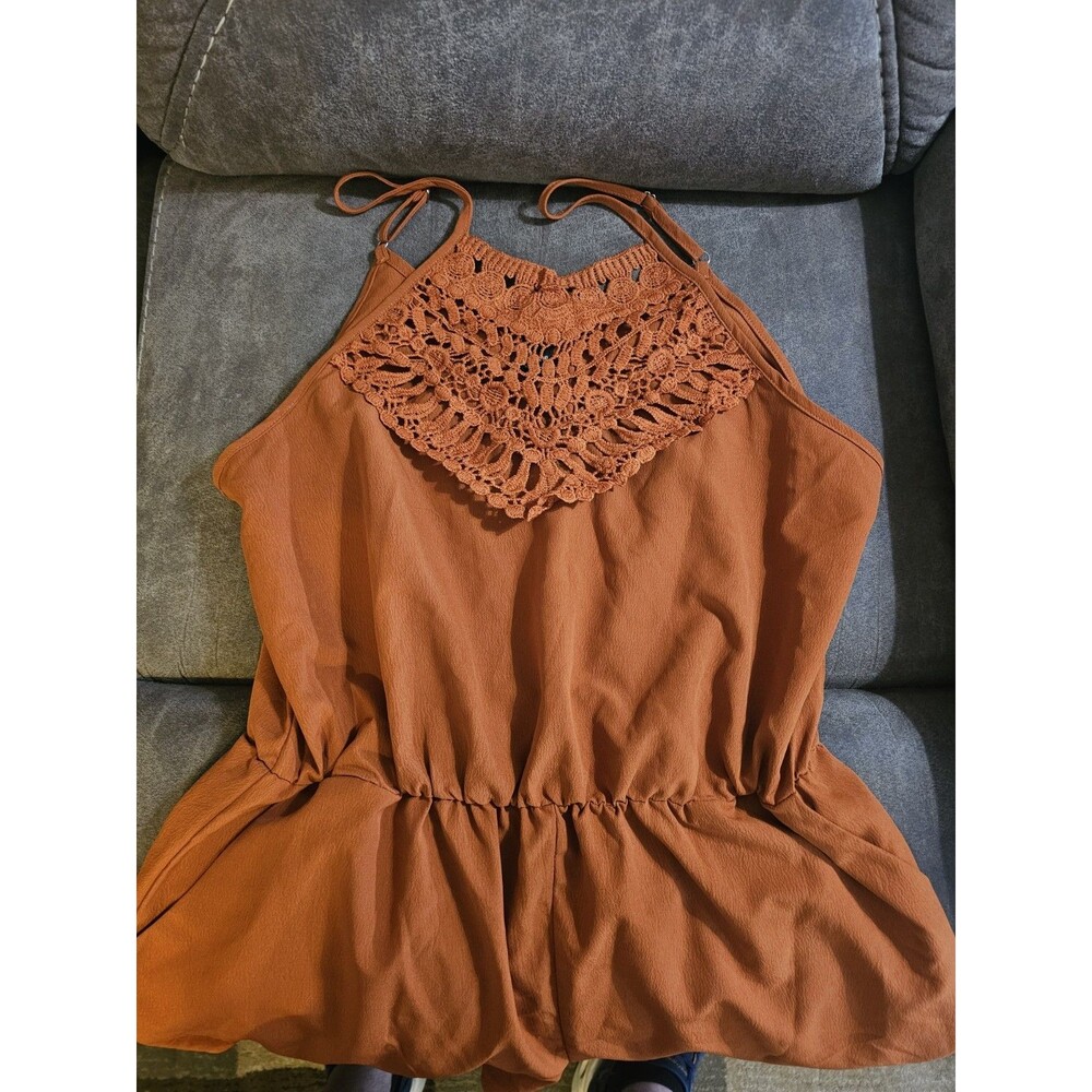 Shein Romper women's rust-orange cami romper featuring a V-neck crochet lace Lrg